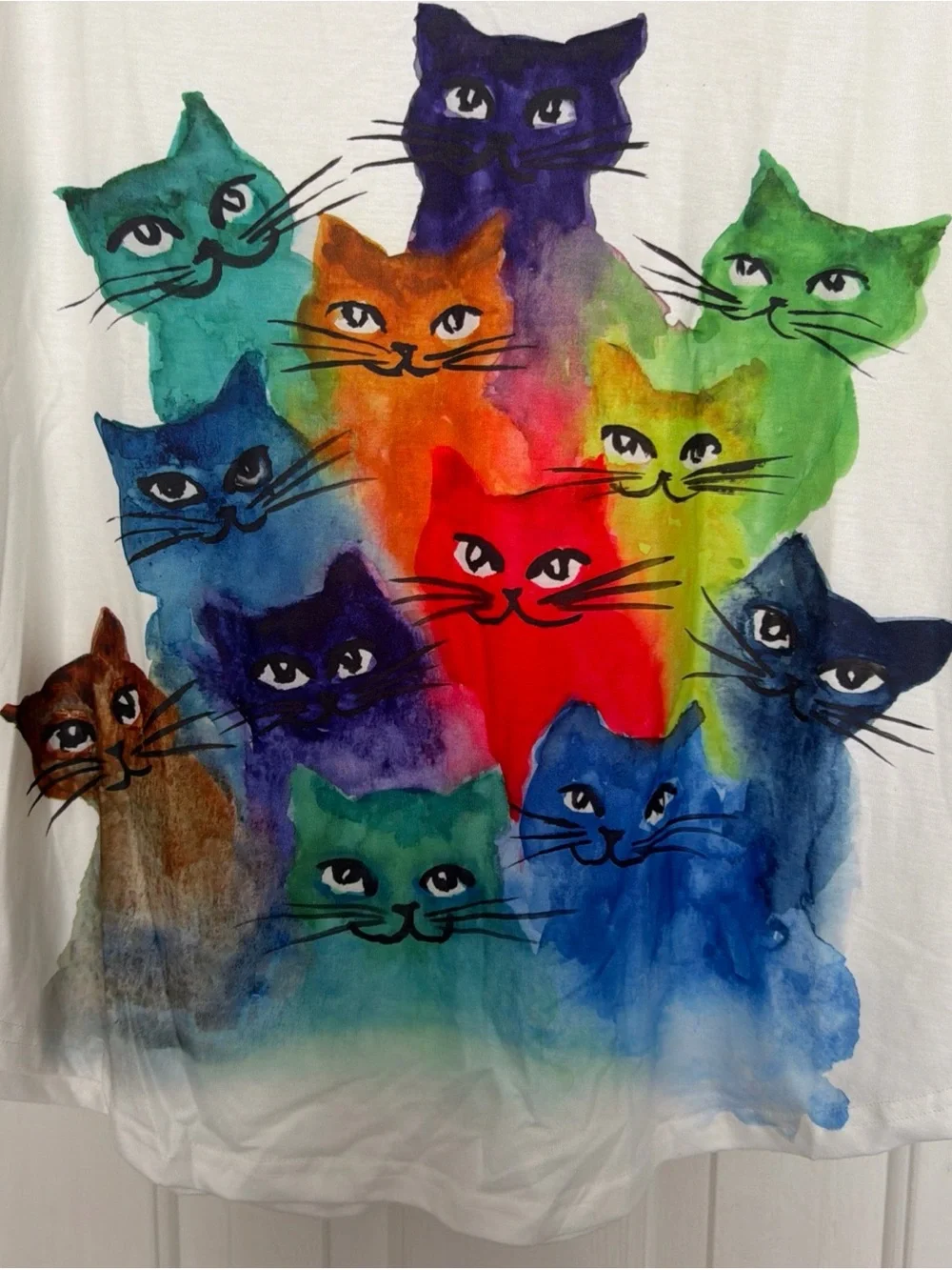 Unbranded White Long-Sleeve Cat Tee with Multicolor Watercolor Cats